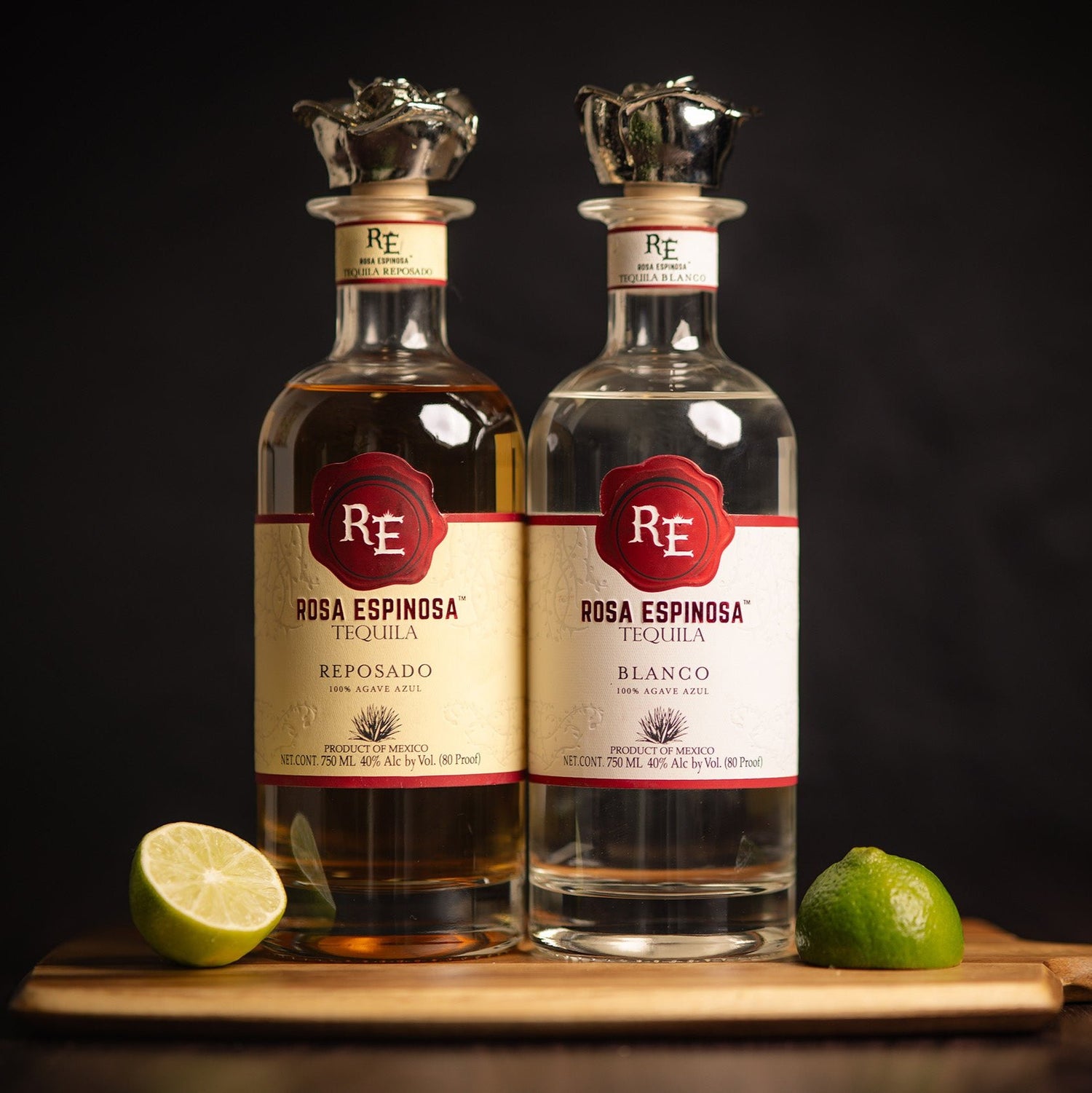 Bottles of Rosa Espinosa Tequila Blanco and Reposado with lime wedges